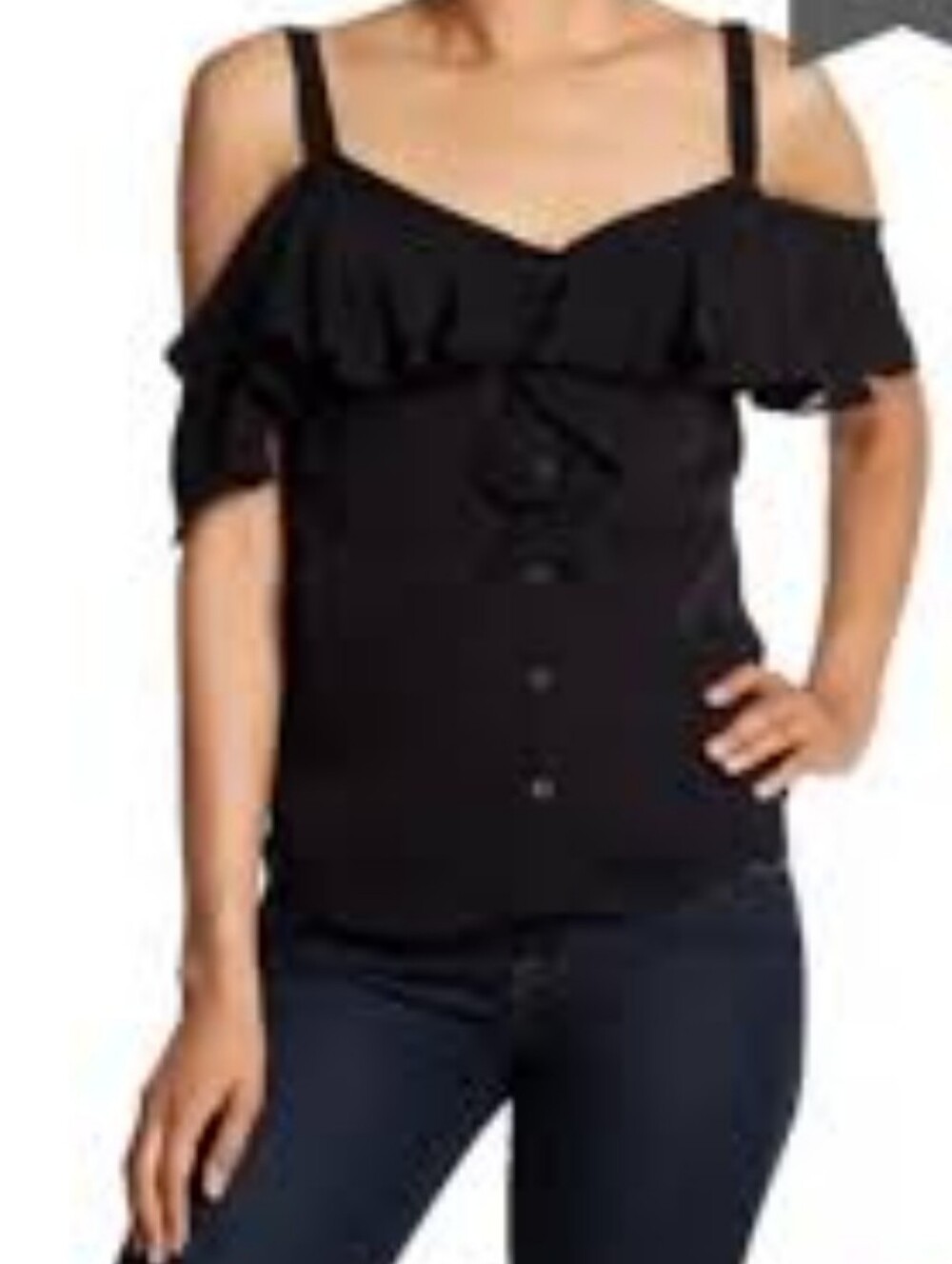 Veronica Beard Like New Black Silk Cold-Shoulder Ruffle Button Front Top
